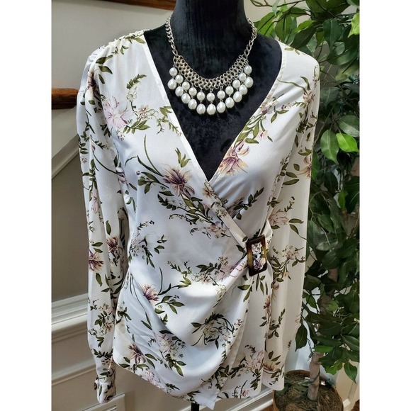 PRETTYLITTLETHING Women White Floral Polyester V-Neck Long Sleeve Blouse Size L - Picture 2 of 12